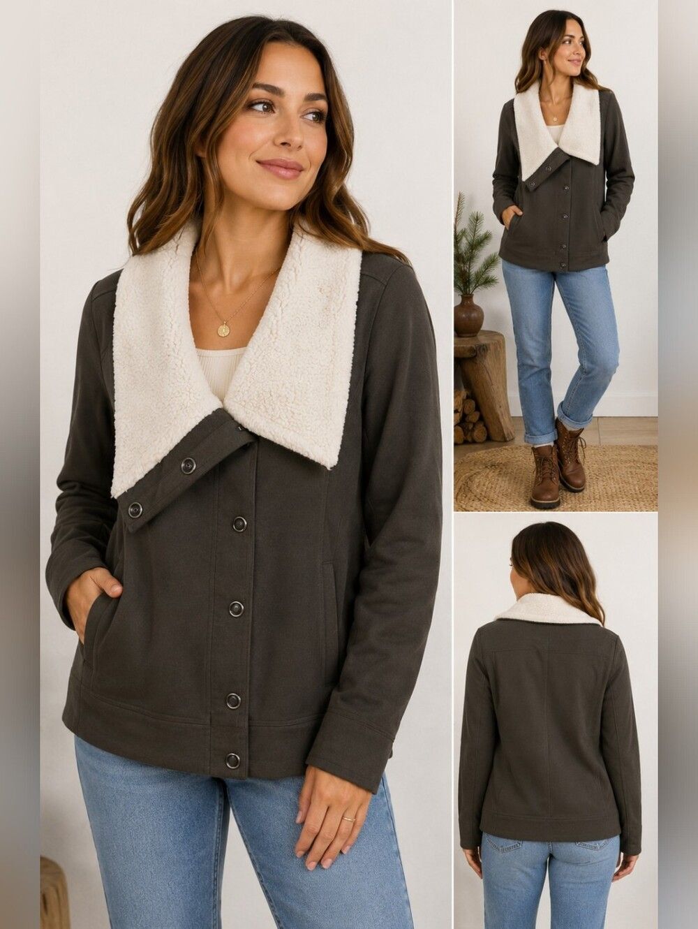 Market & Spruce Lorna Sherpa Detail Moto Jacket Gray Size L Cabincore